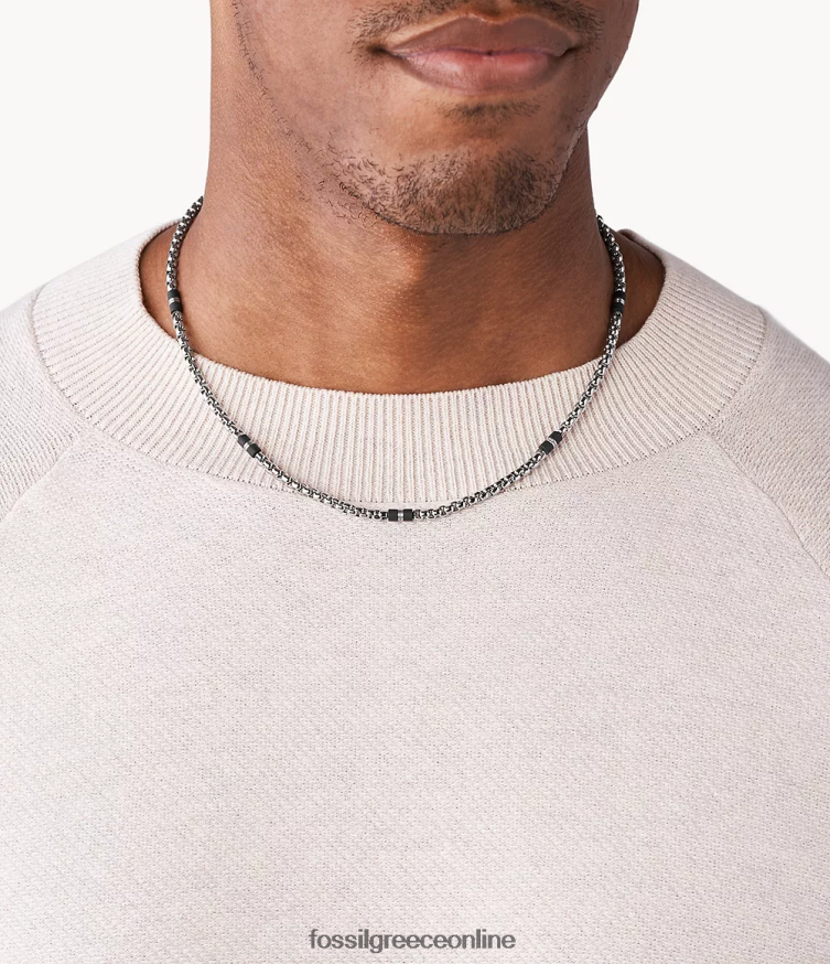 Fossil άνδρες κολιέ με χάντρες από μάρμαρο και ατσάλι FVT06R1913 κοσμήματα ασημί-τόνος