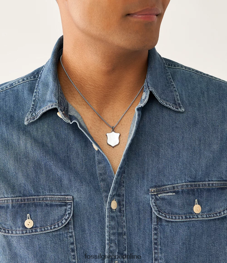 Fossil άνδρες κολιέ ασπίδα κληρονομιάς από ανοξείδωτο ατσάλι FVT06R1922 κοσμήματα ασημί-τόνος