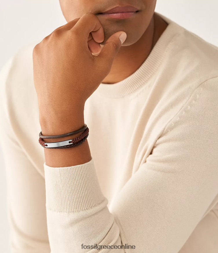 Fossil άνδρες δερμάτινο πολύκλωνο βραχιόλι FVT06R1851 κοσμήματα καφέ
