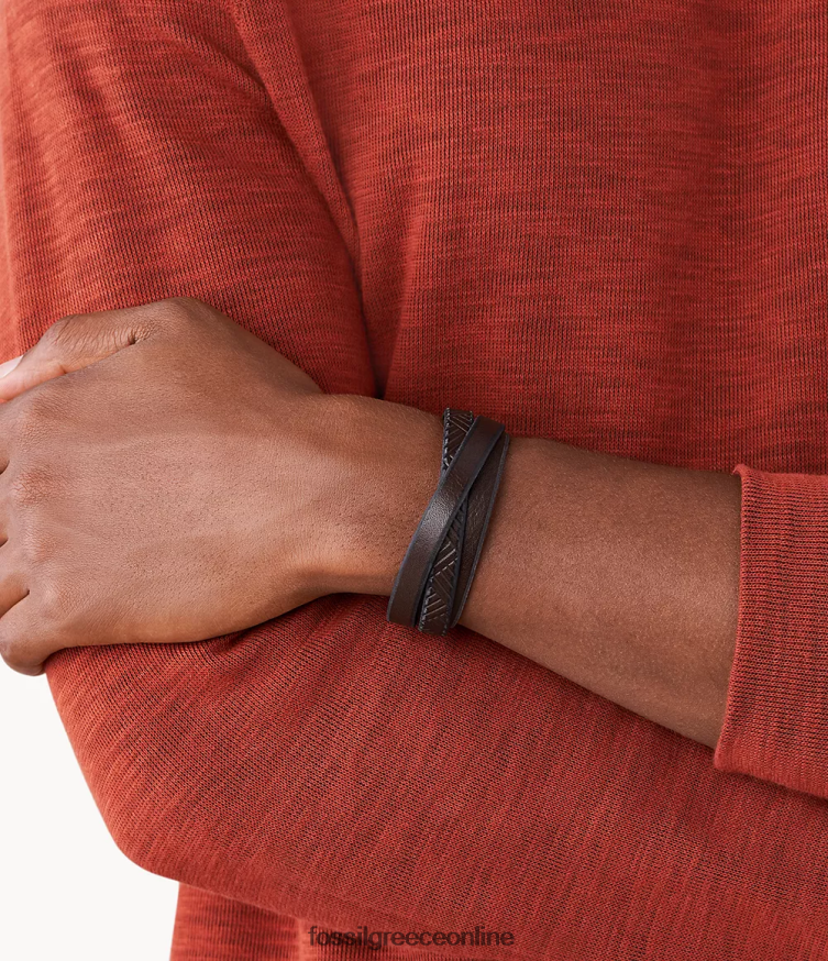 Fossil άνδρες δερμάτινο περιτύλιγμα καρπού με υφή FVT06R1876 κοσμήματα καφέ