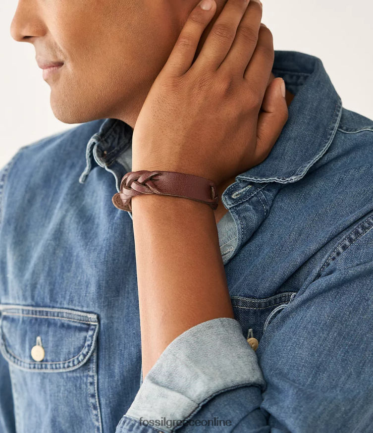 Fossil άνδρες κληρονομιά πλεγμένο δερμάτινο βραχιόλι με λουράκι FVT06R1957 κοσμήματα καφέ