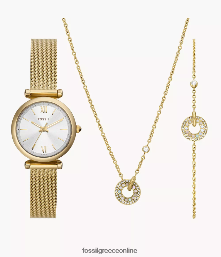 Fossil γυναίκες carlie σετ ρολογιών και κοσμημάτων τριών χεριών από ανοξείδωτο ατσάλι FVT06R63 παρακολουθώ χρυσός τόνος