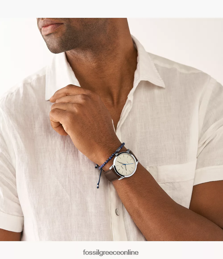 Fossil άνδρες μινιμαλιστικό σετ δερμάτινων ρολογιών και βραχιολιών τριών χεριών FVT06R1421 παρακολουθώ καφέ