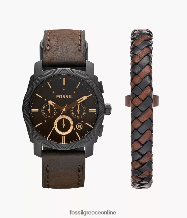Fossil άνδρες Σετ δερμάτινο ρολόι και μπρασελέ μηχανής χρονογράφος FVT06R1457 παρακολουθώ σκούρο καφέ