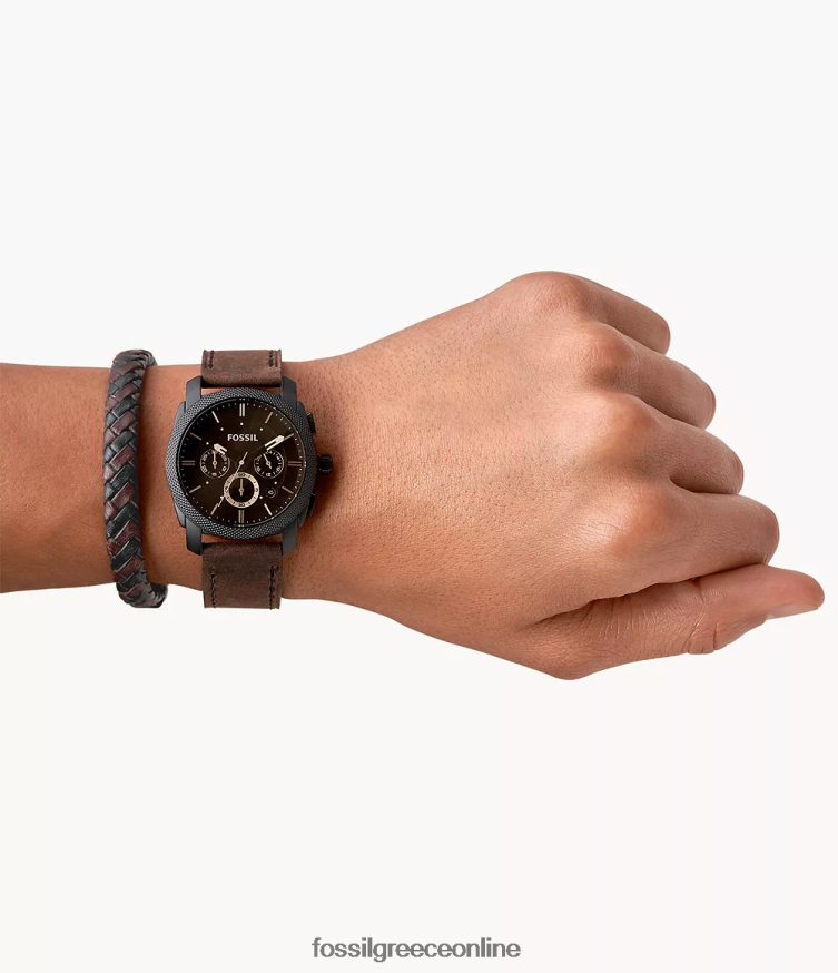 Fossil άνδρες Σετ δερμάτινο ρολόι και μπρασελέ μηχανής χρονογράφος FVT06R1457 παρακολουθώ σκούρο καφέ