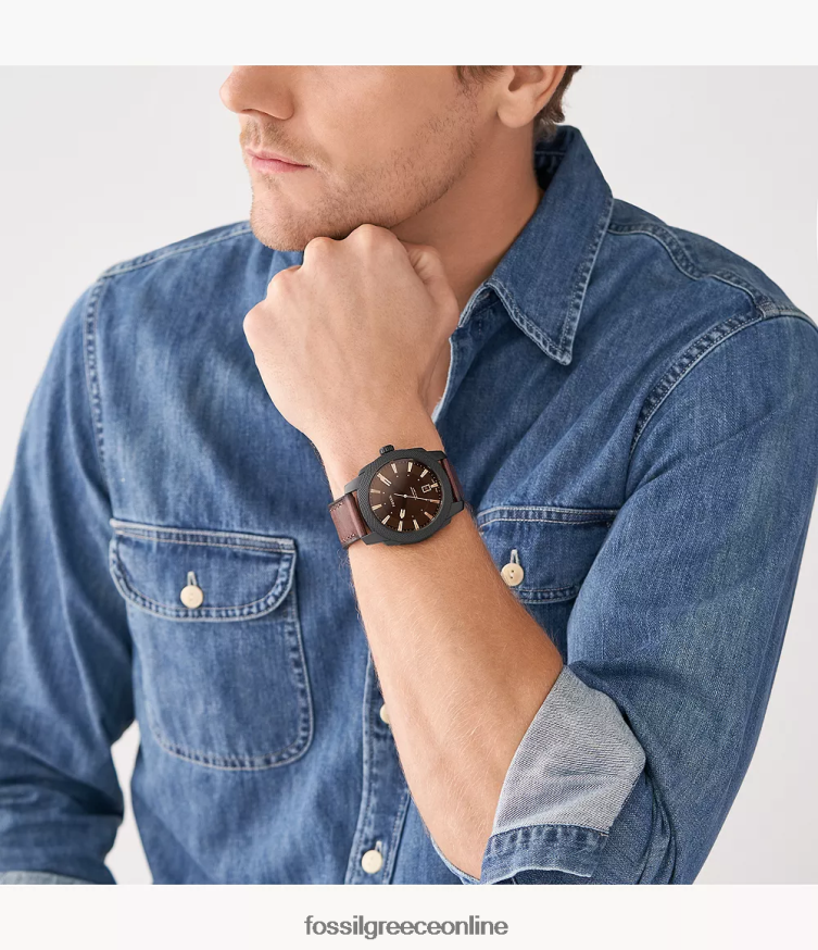 Fossil άνδρες μηχάνημα τρίχερο δερμάτινο ρολόι litehide FVT06R1456 παρακολουθώ σκούρο καφέ
