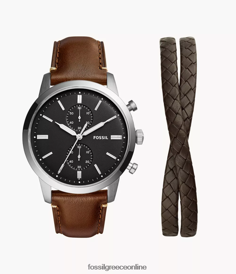 Fossil άνδρες Σετ δερμάτινο ρολόι και βραχιόλι townsman χρονογράφος litehide FVT06R1460 παρακολουθώ καφέ