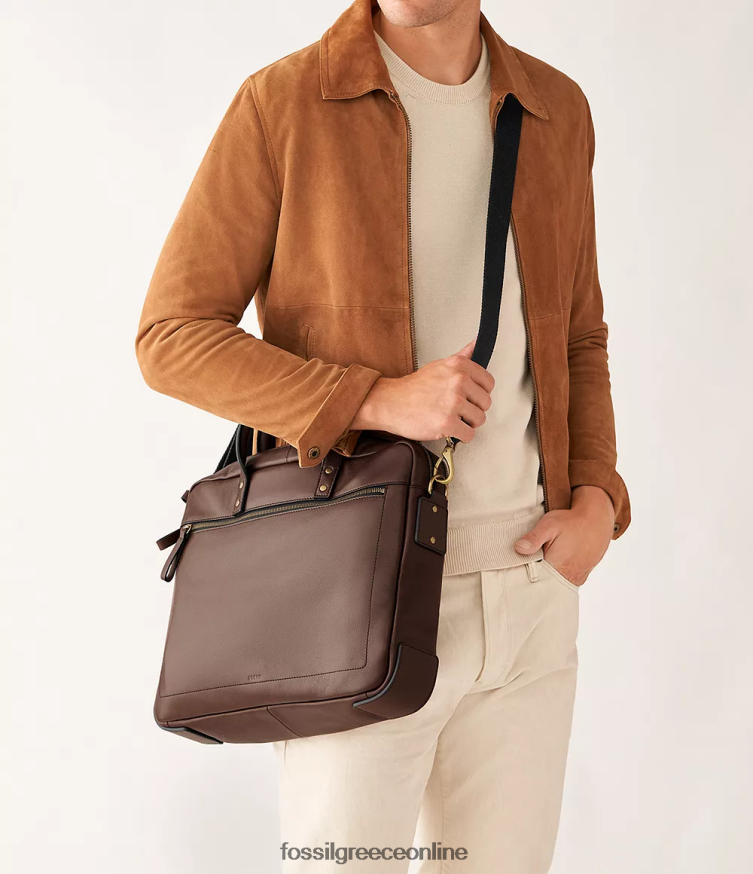 Fossil άνδρες τσάντα εργασίας haskell με διπλό φερμουάρ FVT06R1617 τσάντα σκούρο καφέ